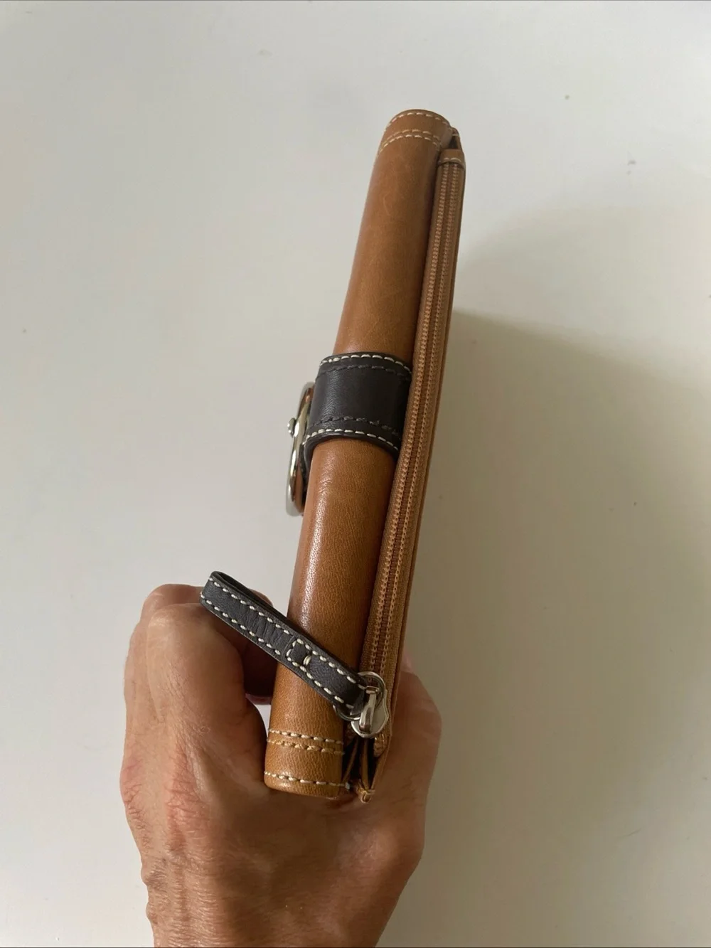 Coach Tan and Dark Brown Leather Buckle Continental Wallet